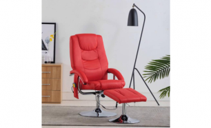  Cadeira de massagens reclinável + apoio pés couro art. vermelho - Portes Grátis